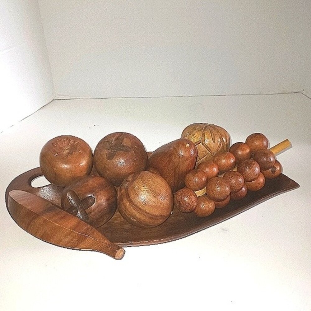 Vintage MCM Carved Wooden Fruit  w/Tray